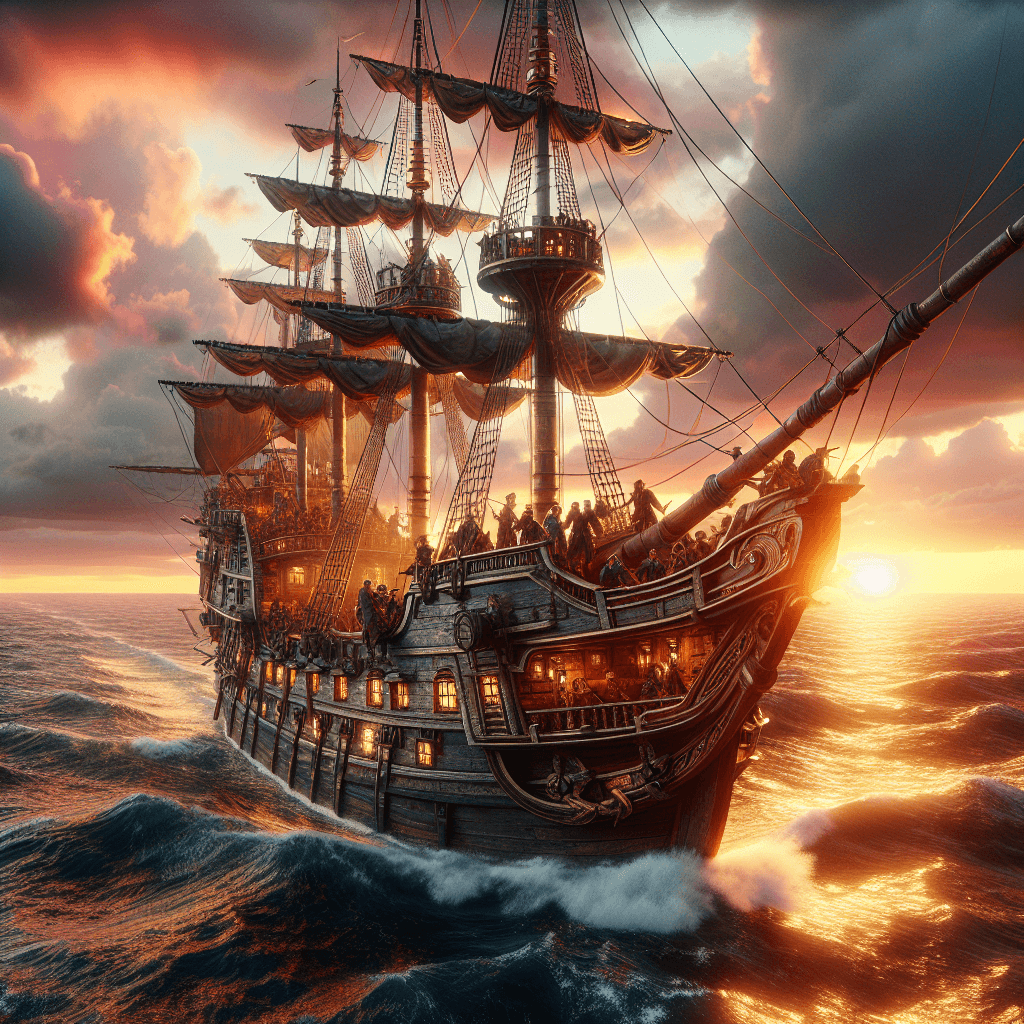 A vivid, photorealistic scene of a pirate ship, the Sea Serpent, sailing at sunset. The ship is bustling with activity as a crew of rugged pirates, led by Captain Rusty with his long red beard and glass eye, prepare for their journey. The Caribbean Sea glistens under the golden light, and the horizon is painted with hues of orange and pink. The entire canvas is filled with the dynamic energy of the crew and the majestic ship cutting through the waves.