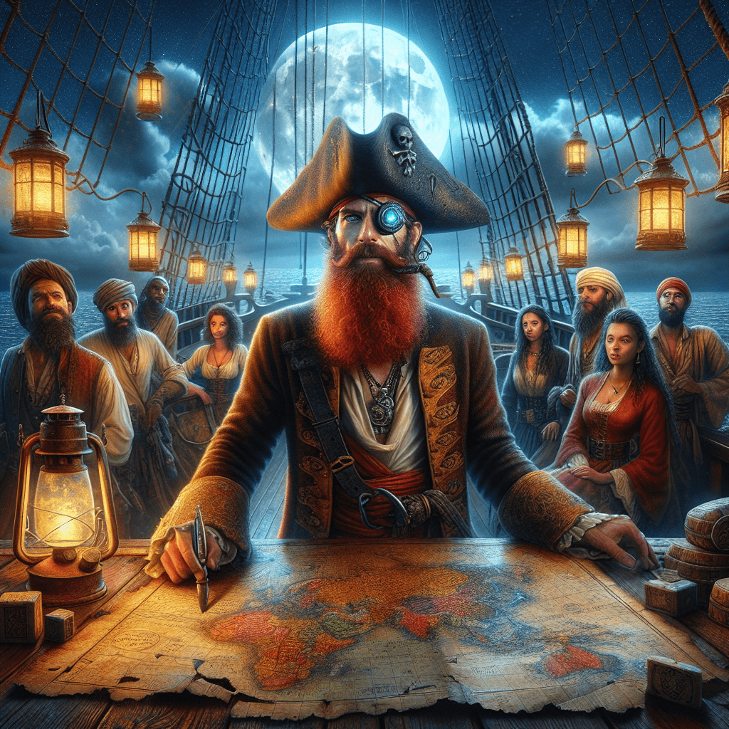 A vivid, photorealistic scene of a pirate ship's deck at night, illuminated by lanterns. Captain Rusty, with his long red beard and glass eye, stands at the center, holding an ancient, tattered map. The crew, a diverse group of scallywags, gather around him, their faces a mix of curiosity and determination. The map is detailed with cryptic symbols and a marked skull and crossbones. The moonlight casts a silvery glow over the scene, reflecting off the calm Caribbean Sea. The image should take up the entire canvas.