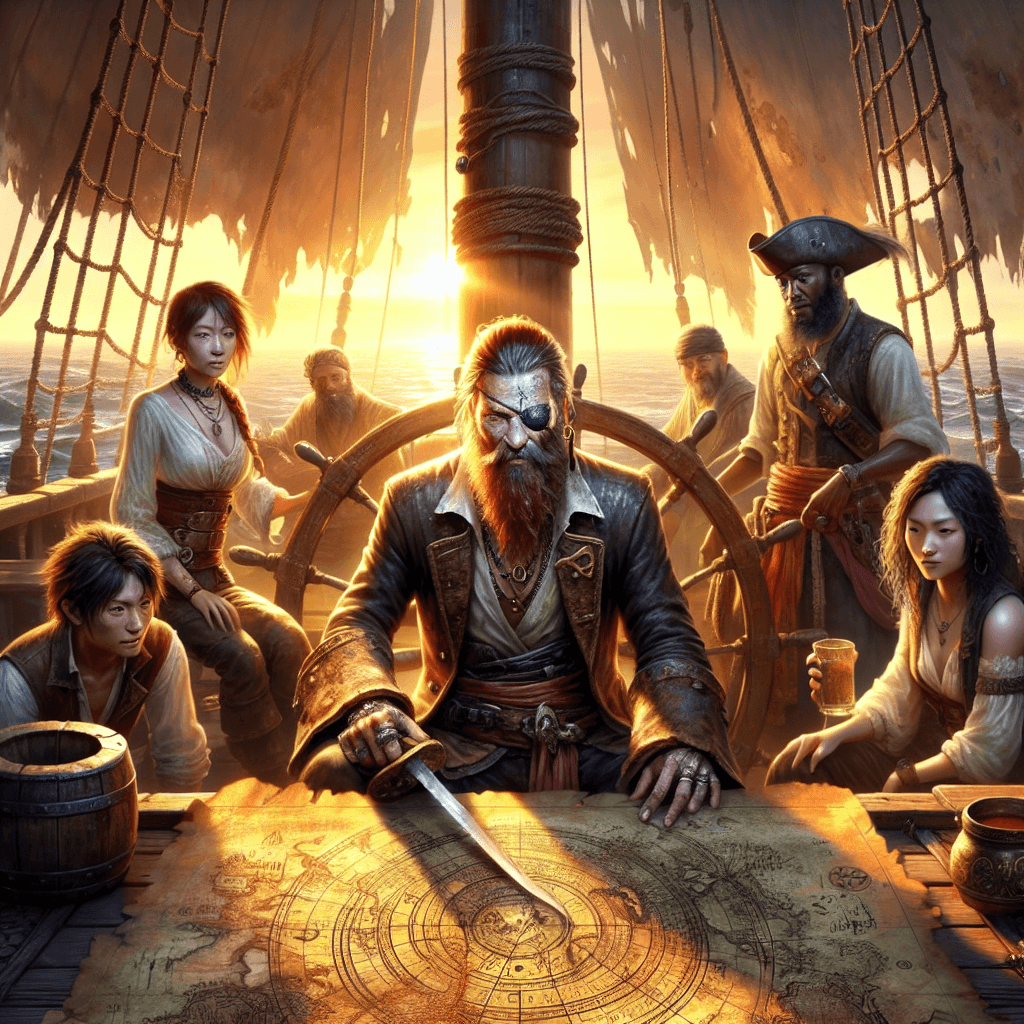 A vivid, photorealistic scene of a pirate ship's deck at sunrise. Rusty, a pirate with a long red beard, scars on his face, and a glass eye, stands at the helm, surrounded by his diverse crew of scallywags. The crew is gathered in a circle, listening intently to Rusty as he points to an ancient map spread out before them. The map is detailed with cryptic symbols and a prominent skull and crossbones marking. The ocean is calm, with the sun casting a golden glow over the scene, highlighting the determination and anticipation on the crew's faces. The image should take up the entire canvas, capturing the essence of adventure and camaraderie.