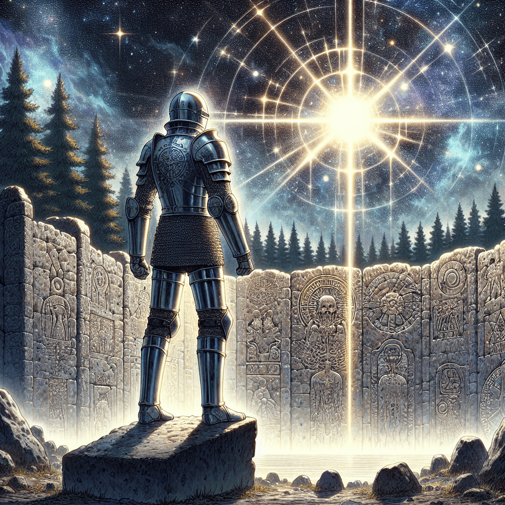 An anime-style depiction of a knight in shining armor standing at the edge of a massive, ancient stone wall under a moonlit sky. The wall is adorned with mystical runes, and beyond it, a dark, forested landscape stretches into the distance. The knight, with a determined expression, gazes towards a distant, ominous castle silhouetted against a starry sky. The entire canvas is filled with this scene, capturing the blend of medieval and mythical elements.