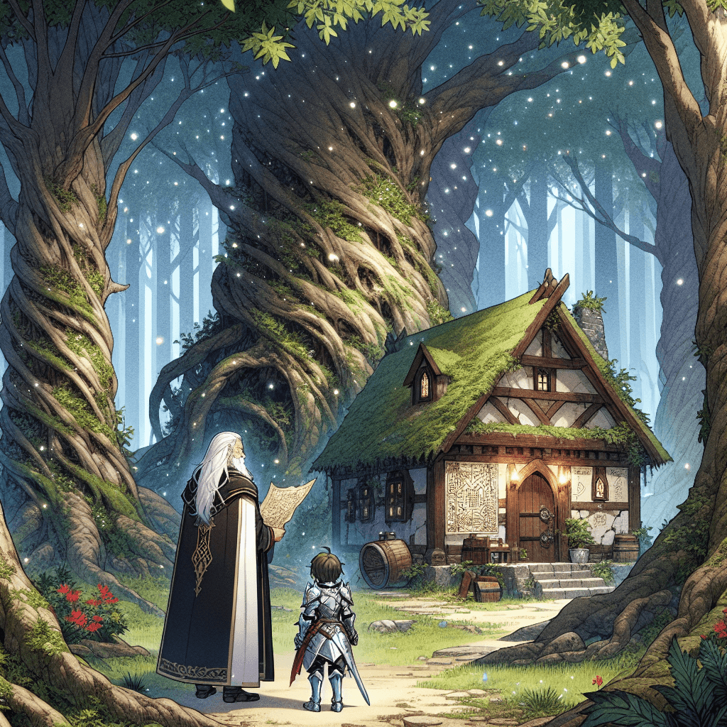 An anime-style depiction of a mystical forest with towering ancient oaks and a small, humble hut nestled among them. The scene is bathed in dappled sunlight filtering through the dense canopy. In front of the hut stands a wise old sage with a long white beard, holding a map marked with mysterious symbols. Sir Cedric, a knight in shining armor, stands attentively beside him, listening intently. The entire canvas should capture the serene yet mystical atmosphere of the forest and the sage's dwelling.