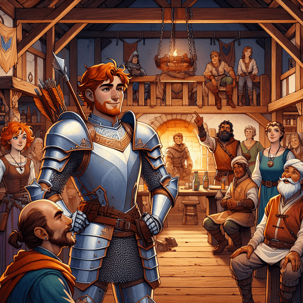 An anime-style scene depicting a medieval village bustling with activity. In the foreground, a knight in shining armor, Sir Cedric, stands confidently in a lively tavern. Around him, villagers listen intently, including a young huntress with fiery red hair and a bow, a burly blacksmith, and an elderly healer. The tavern is warm and inviting, with wooden beams and a roaring fireplace, capturing the essence of camaraderie and determination. The image should take up the entire canvas.