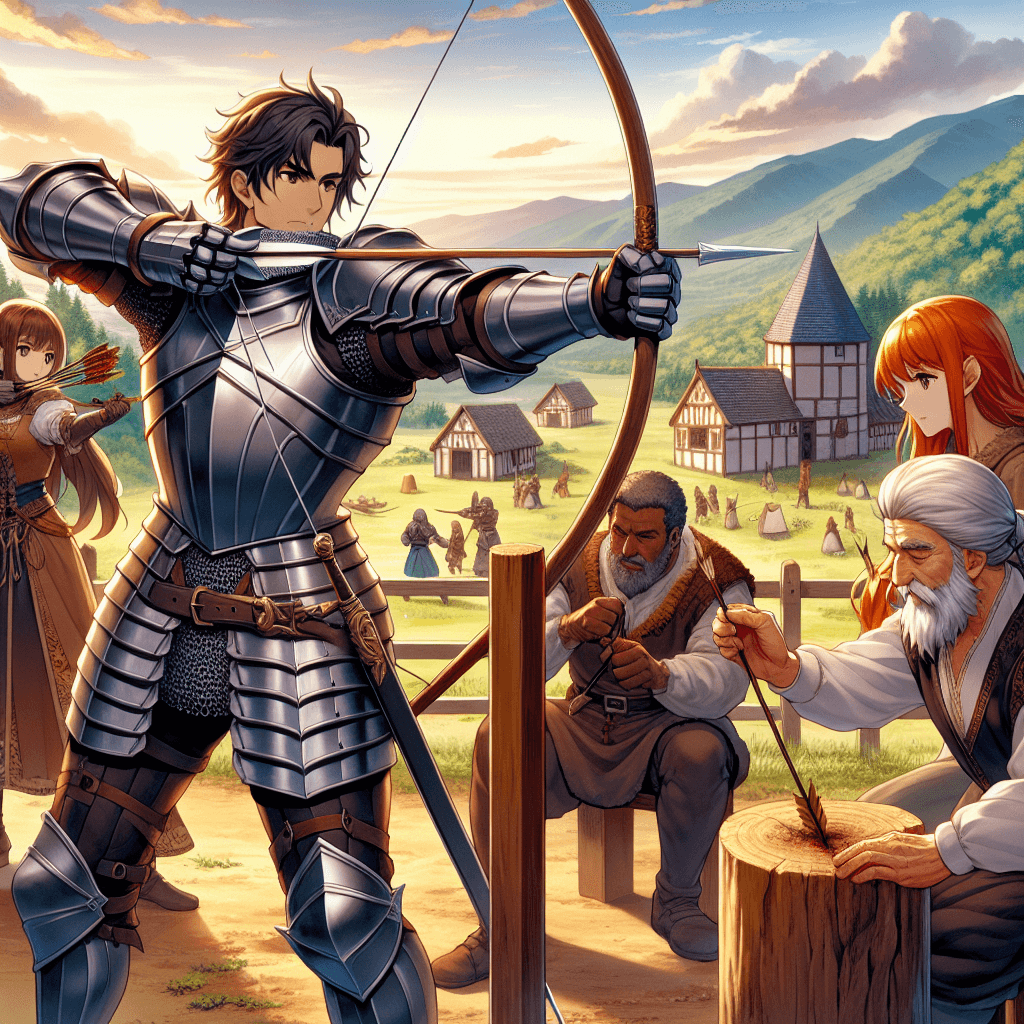 An anime-style scene of a medieval training ground in the village of Windmere. Sir Cedric, a knight in shining armor, is practicing swordplay with a burly blacksmith named Thorne, who is demonstrating his strength by cleaving through a wooden dummy. Nearby, Elara, a huntress with fiery red hair, is skillfully shooting arrows at distant targets. Maren, an elderly healer, is offering a small vial to Cedric, with a backdrop of rolling hills and a golden sunset. The image should take up the entire canvas, capturing the essence of camaraderie and preparation for an epic quest.