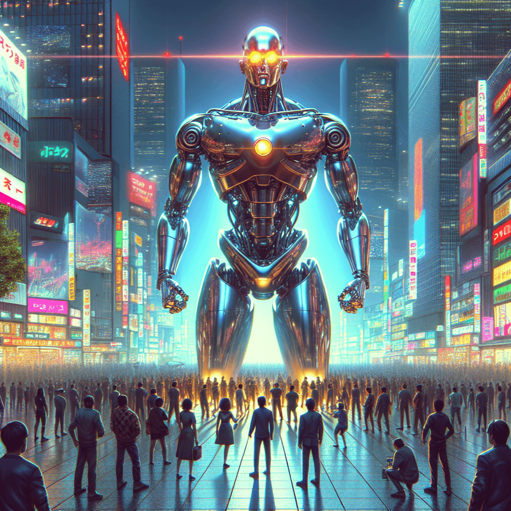 A towering 20-foot tall robot artist made of gleaming steel stands in a dystopian Tokyo plaza, surrounded by masked saboteurs. The robot's eyes glow with determination as it confronts the saboteurs, while a crowd of citizens gathers, illuminated by the neon lights of the city. The scene captures the tension and defiance, with the robot poised to continue its painting amidst the confrontation. The image should be in a cypherpunk style, taking up the entire canvas.