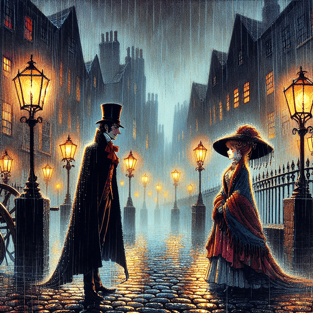 A rainy, foggy night in 18th century London. The cobblestone streets glisten under the dim glow of gas lamps. Esmerelda, a young witch with a flowing cloak, stands face-to-face with Thomas, a tall, mysterious gentleman with crimson eyes and a charming smile. Their surroundings are shrouded in mist, creating an air of mystery and enchantment. The scene captures the moment of their first encounter, with an emphasis on their contrasting yet complementary appearances. The image should take up the entire canvas, in the style of Pixar films/animations.