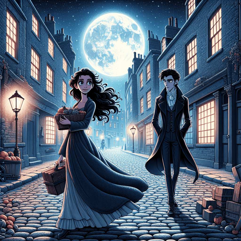 A moonlit cobblestone street in 18th century London, with Esmerelda and Thomas parting ways. Esmerelda, a young witch with flowing dark hair and a cloak, holds parcels in her arms. Thomas, a handsome vampire with a mysterious aura, watches her with longing eyes. The street is lined with old buildings, and the moon casts a silvery glow over the scene. The image should be in the style of Pixar films, capturing the magical and romantic atmosphere, and take up the entire canvas.