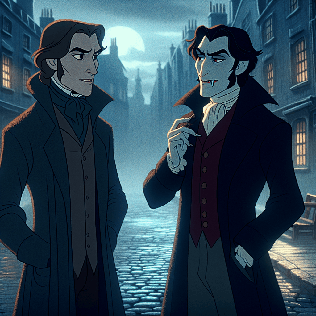 In a dimly lit alley of 18th century London, shrouded in fog, two figures stand in conversation. One is Thomas, a vampire with a thoughtful expression, dressed in period-appropriate attire with a long coat and a hint of fangs visible. The other is Lucien, another vampire, with a knowing smile and sharp eyes, exuding an air of mystery. The cobblestone street is wet from the mist, and the background is filled with the faint outlines of historic London buildings. The scene is animated in the style of a Pixar film, with vibrant colors and expressive characters, taking up the entire canvas.