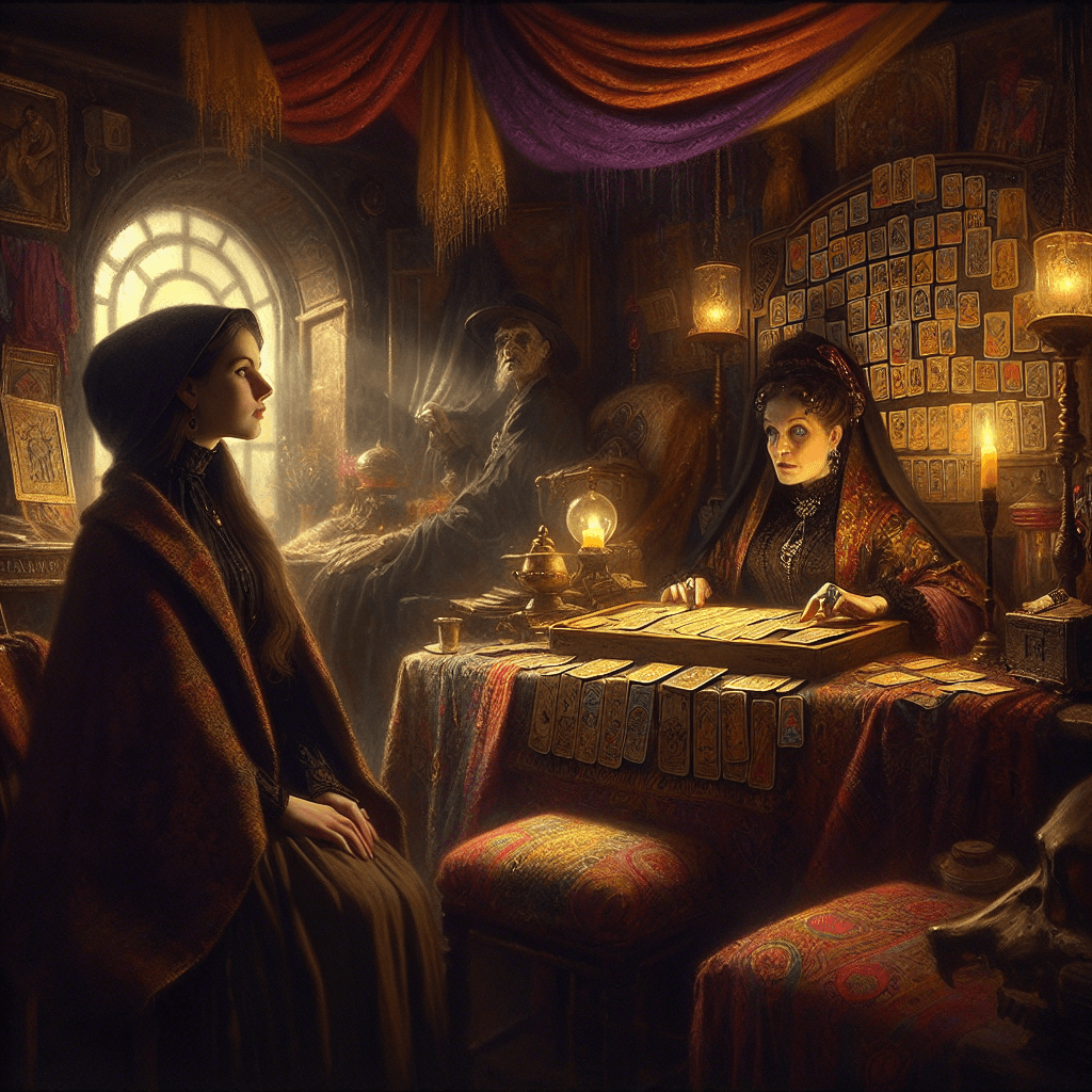 A dimly lit fortune teller's shop in 18th century London, filled with rich, colorful fabrics and the scent of incense. Madame Zora, a woman with piercing eyes, sits behind a table with tarot cards laid out. Esmerelda, a young witch with a cloak, watches intently as the cards reveal their secrets. The scene is in the style of Pixar films, capturing the mystical and enchanting atmosphere, with shadows dancing on the walls and a sense of mystery in the air. The image should take up the entire canvas.