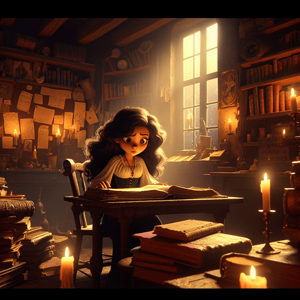 In a cozy, dimly lit study filled with ancient books and scrolls, Esmerelda, a young witch with flowing dark hair and a determined expression, is engrossed in a large, dusty tome titled "Creatures of the Night." The room is filled with the warm glow of candlelight, casting flickering shadows on the walls. The scene captures the essence of 18th century London with its vintage decor and mystical atmosphere, all in the vibrant, whimsical style of a Pixar animation, taking up the entire canvas.