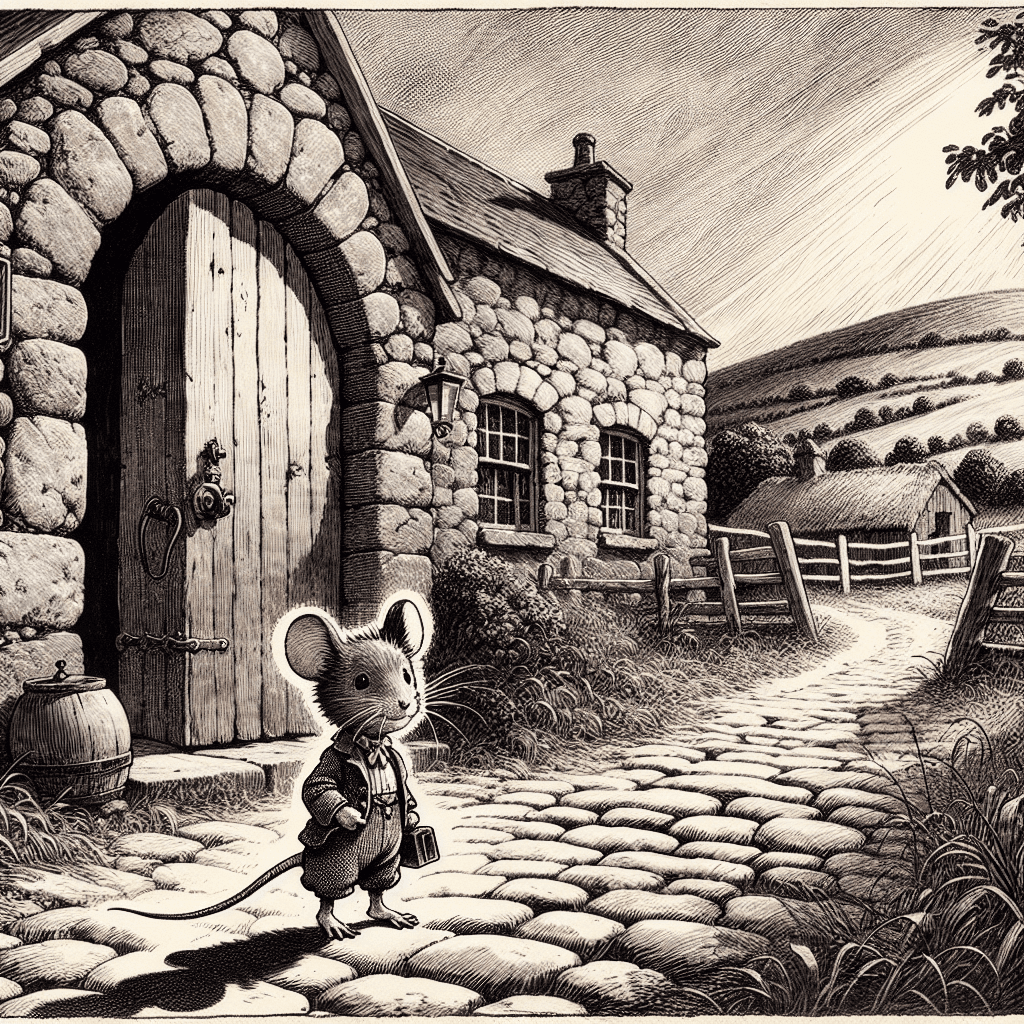 A brave little farm mouse named Chester, with a small satchel, standing at the threshold of a grand stone farmhouse in late 1800s Ireland. The scene is depicted in a vintage children’s book illustration style, using black and white pen and ink line art with delicate cross-hatching. The farmhouse is surrounded by rolling green hills, and the sun casts a warm glow over the cobblestone path leading to the door. The image should take up the entire canvas, capturing the nostalgic, hand-drawn style.