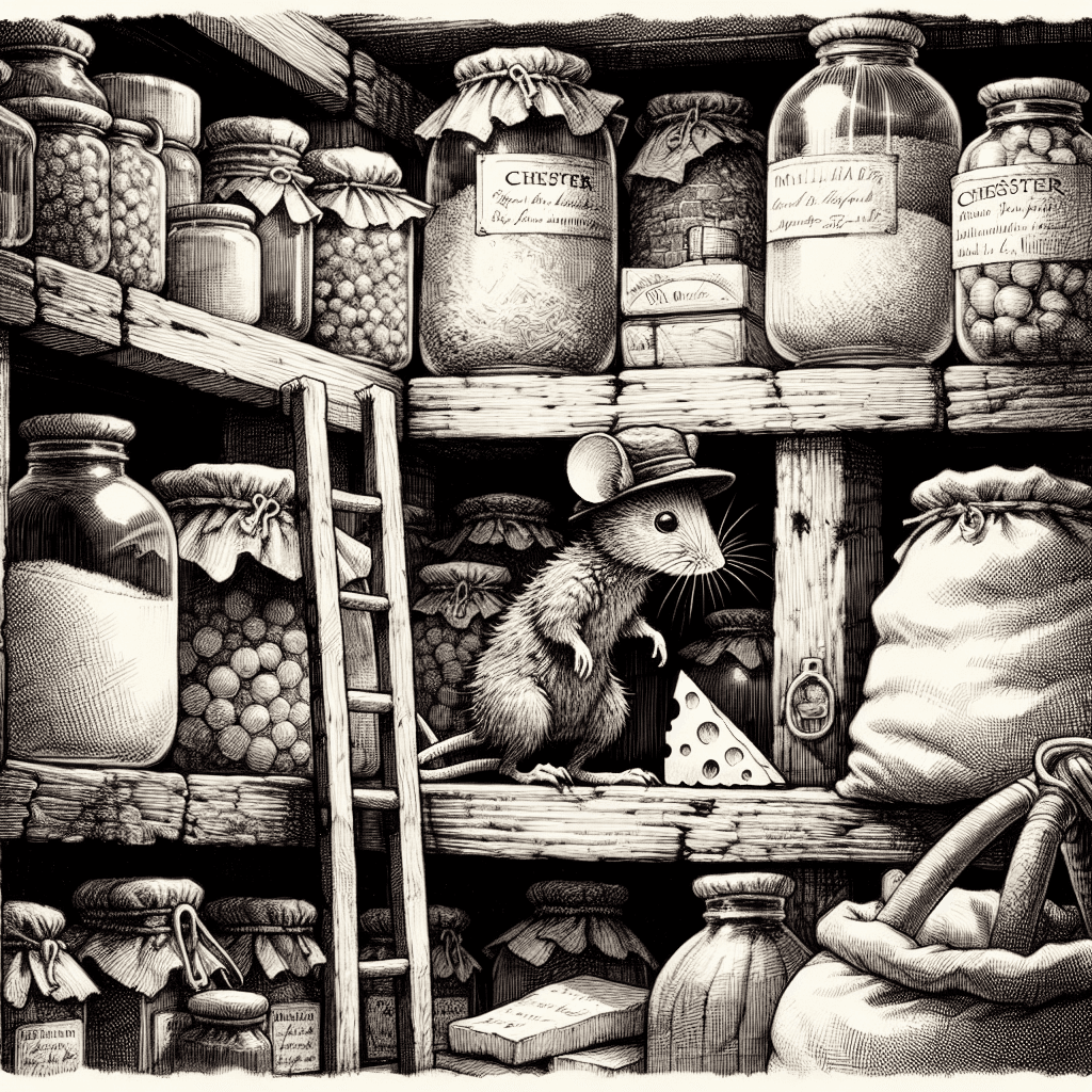A brave little farm mouse, Chester, climbing the tall, wooden shelves of a pantry in a late 1800s Irish farmhouse. The shelves are filled with jars of preserves, sacks of flour, and various kitchen essentials. Chester is halfway up, pausing to catch his breath, with a small wedge of cheese visible on the top shelf. The scene is depicted in a vintage children’s book illustration style, using black and white pen and ink line art with delicate cross-hatching, capturing the nostalgic, hand-drawn essence of the era. The image should take up the entire canvas.